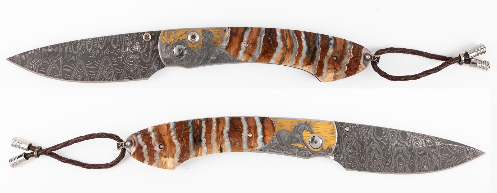 William Henry Knife: Spearpoint Horses, 24K Inlay,: William Henry Knife: "Spearpoint Horses", 24K Inlay, Fossil Woolly Mammoth Tooth Handle, Hand Forged Stainless Steel Blade. American made, William Henry luxury folding knives are admired and collected