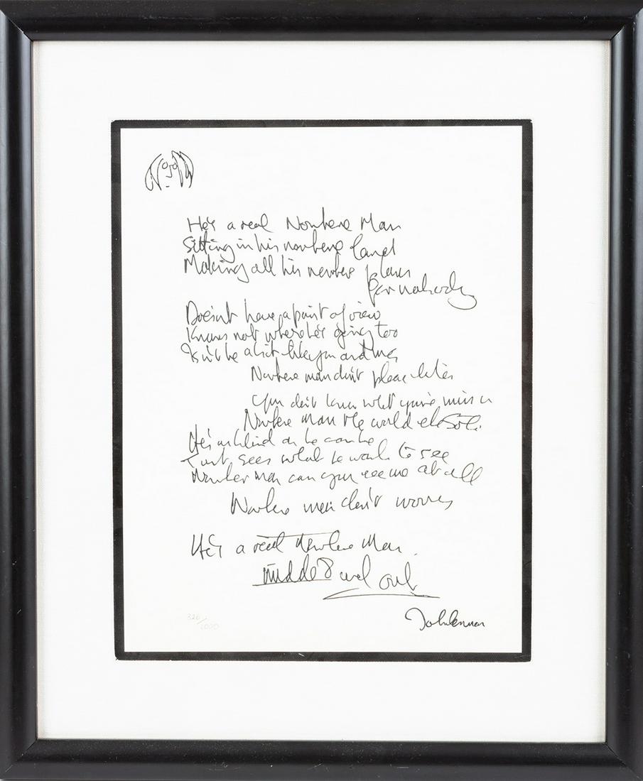 John Lennon -- Lyric Lithograph of the Handwritten: John Lennon -- Lyric Lithograph of the Handwritten Lyrics to "Nowhere Man". No. 326 of a silk-screened edition of 1000, 10 x 13". Signed by Lennon in the plate. Double matted and framed to an overall