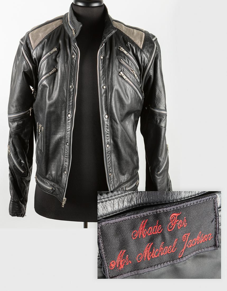 Leather and Chain Mail Jacket Custom Created For: Leather and Chain Mail Jacket Custom Created For Michael Jackson with Large Embroidered Label Inside Jacket Above Leather Pocket. An Ambition brand black leather jacket made for Michael Jackson in rem