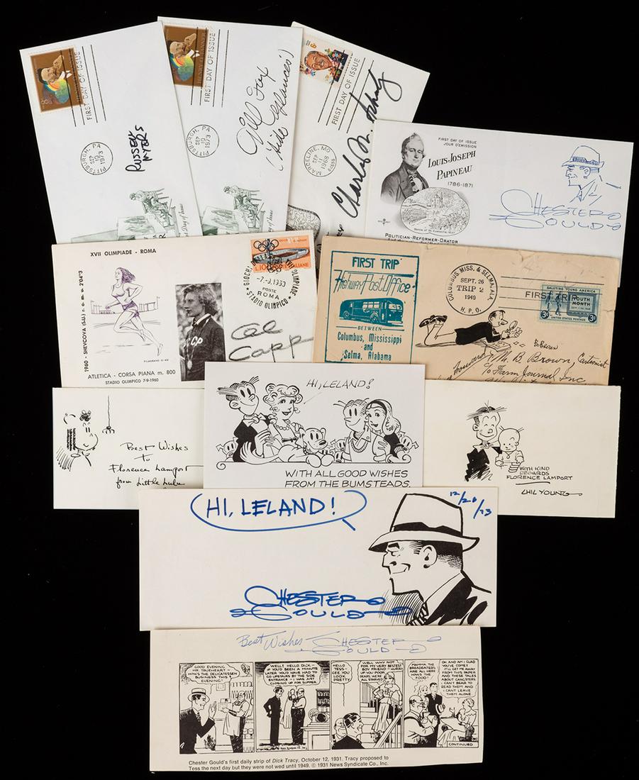 Cartoonists -- Ten Items Signed by Eight Cartoonists: Cartoonists -- Ten Items Signed by Eight Cartoonists Including, Charles Schulz, Chester Gould, Al Capp. Charles M. Schulz, creator of "Peanuts," signed First Day Cover honoring Walt Disney; Chester Go