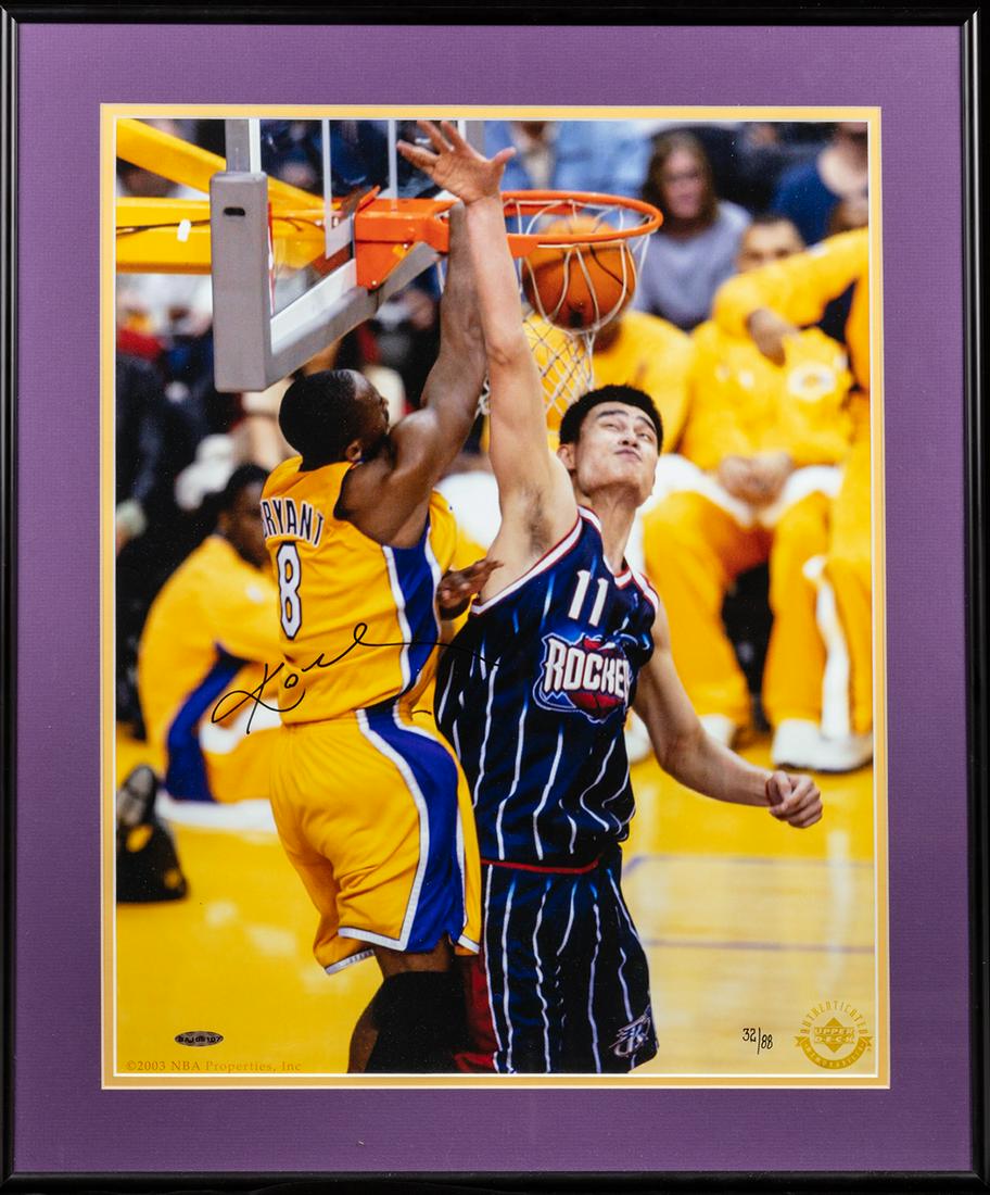 Kobe Bryant Signed Oversized Color Photo Scoring: Kobe Bryant Signed Oversized Color Photo Scoring Against Yao Ming of the Rockets. 32/88 With COA by Upper Deck (1978-2020) Celebrated Los Angeles Lakers shooting guard, five time NBA Champion, two tim