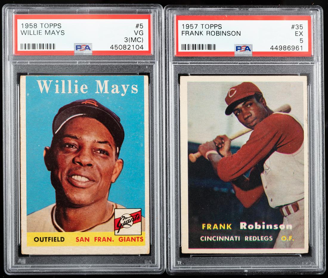 Frank Robinson 1957 Topps Rookie Card #35 (EX 5),: Frank Robinson 1957 Topps Rookie Card #35 (EX 5), Willie Mays 1958 Topps Baseball Card #5 (VG 3). Frank Robinson (1935-2019) 20 years in the Major League playing for five teams. 1957 Topps baseball ca