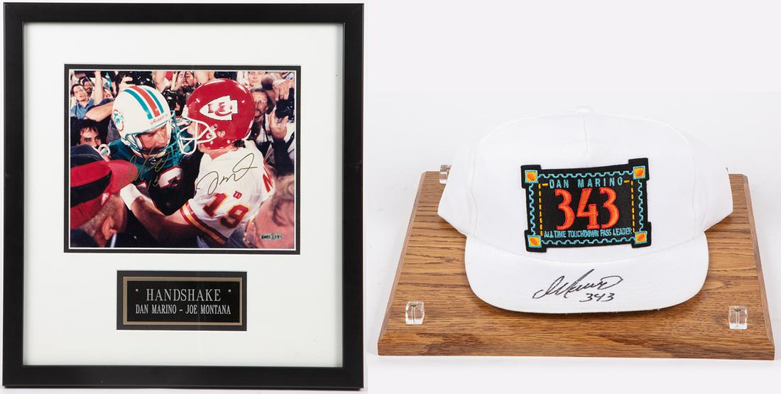 Dan Marino + Joe Montana Signed Photo Handshake, Dan: Dan Marino + Joe Montana Signed Photo "Handshake", Dan Marino Signed Miami Dolphin Jersey Framed + Marino Signed Cap 1/343. 1.) From Upper Deck, their popular signed 8 x 10" photo entitled "Handshake"