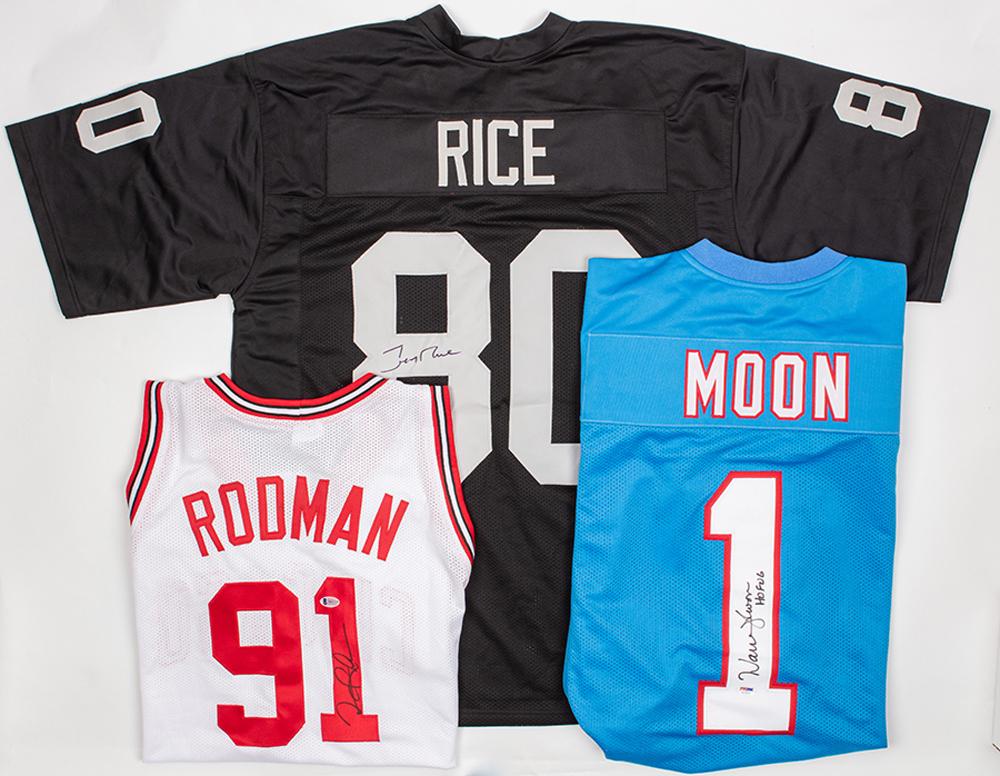 Three (3) Signed Jersey's: Warren Moon, Jerry Rice and: Three (3) Signed Jersey's: Warren Moon, Jerry Rice and Dennis Rodman all Certified. Three authentic signed jerseys. 1.) Warren Moon, Houston Oilers' celebrated quarterback for nine years and inducted 