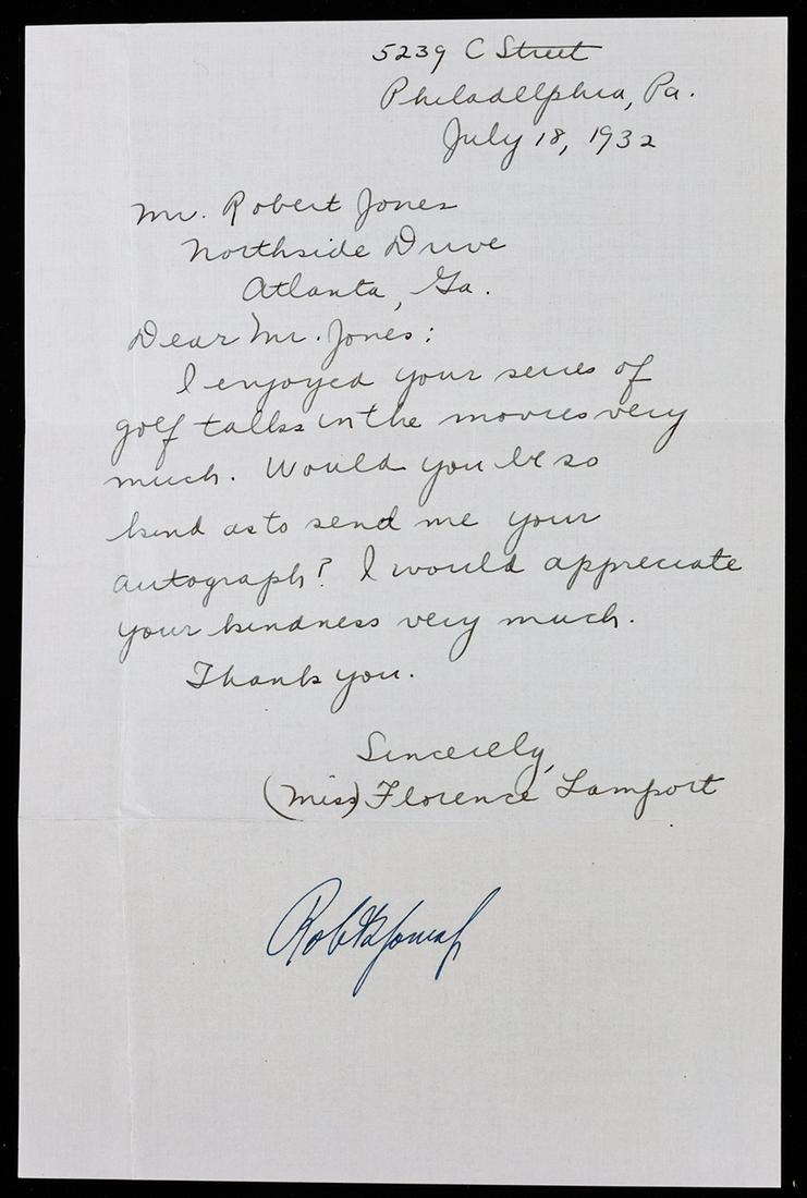Bobby Jones: Legendary Golfer of the 1920s and 1930s.: Bobby Jones: Legendary Golfer of the 1920s and 1930s. Signed Letter Dated July 18, 1932 (1902-1971) Legendary golfer and true gentleman of the sport who helped design the Augusta National Golf Club an