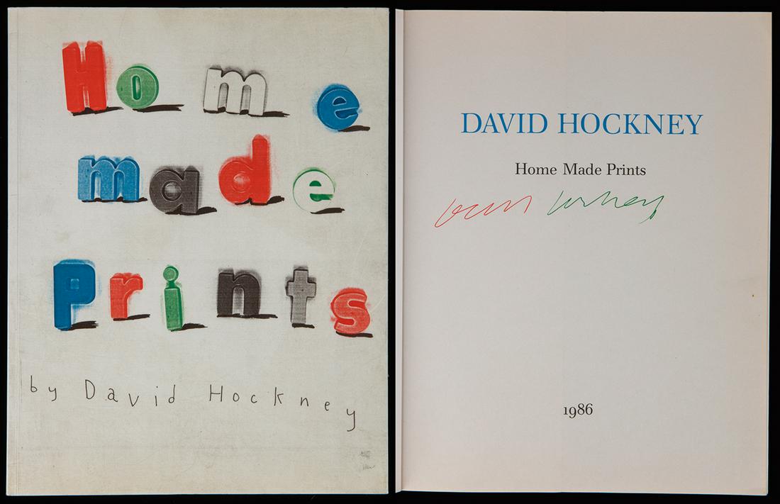 Hockney, David. Home Made Prints, Signed by David: Hockney, David. Home Made Prints, Signed by David Hockney. Rare signed catalog by modern master, David Hockney. Hockney has executed his first name in red fine point and last name in green fine point 