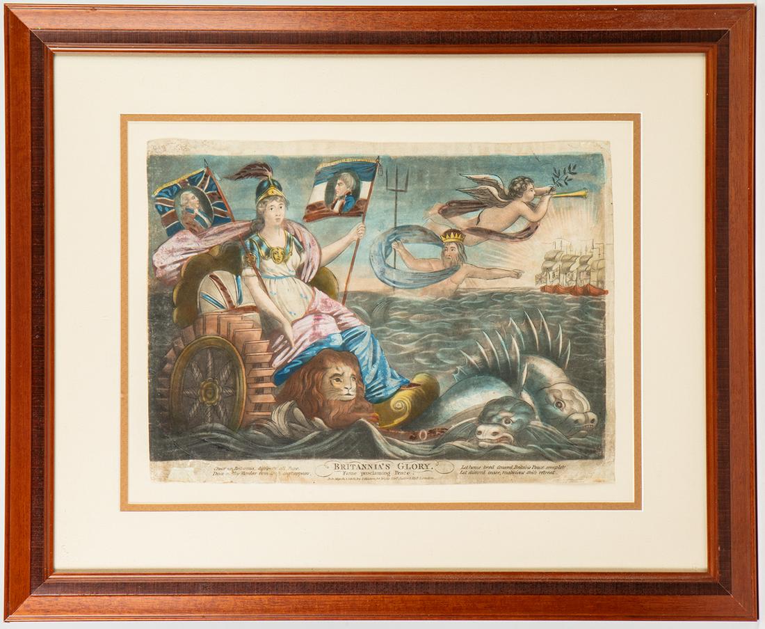 Britannia's Glory, Hand Tinted Etching ca. 1803: "Britannia's Glory", Hand Tinted Etching ca. 1803. This is an antique hand-colored mezzotint and etching Britannia is in her chariot, with water-wheels and drawn by dolphins, the lion at her feet, car