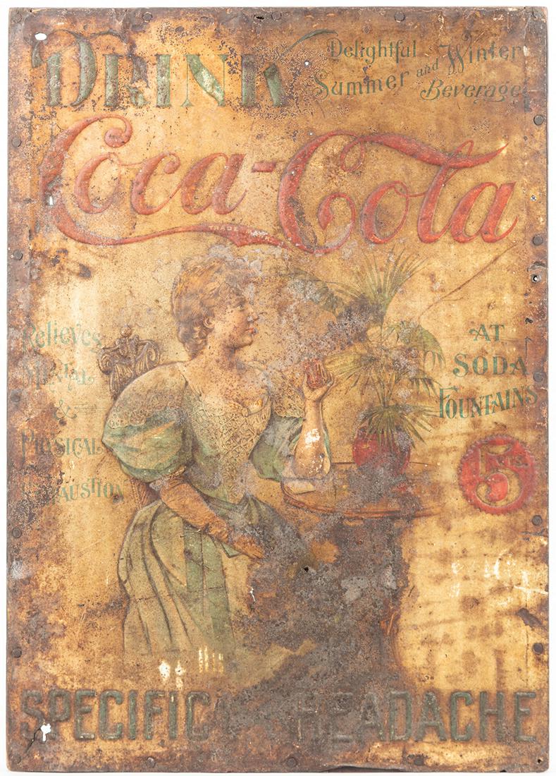 Coca-Cola: Impossibly Rare 1898 Tin Sign Highlighting: Coca-Cola: Impossibly Rare 1898 Tin Sign Highlighting Health Benefits "Specific For Headache". Pre-1900 and rare Coca-Cola embossed tin sign thought to be one of only two known. Clearly in poor condit