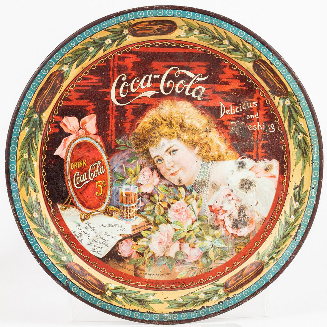 Coca-Cola: Rare Hilda with Roses Large Round Antique: Coca-Cola: Rare "Hilda with Roses" Large Round Antique Serving Tray Issued 1901. From the first decade of the 20th Century, 14 Coca-Cola serving trays have been identified. Certainly one of the most s
