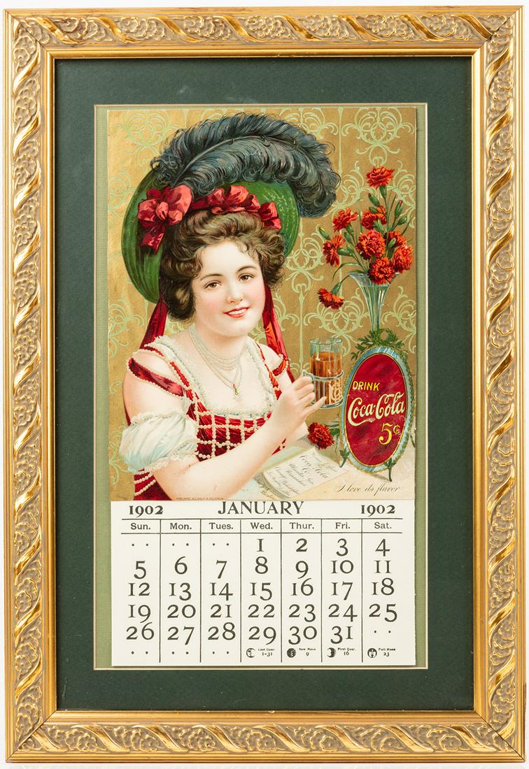Coca-Cola: Rare 1902 Girl With Feathered Hat Calendar,: Coca-Cola: Rare 1902 "Girl With Feathered Hat" Calendar, Exceptional Colors. A very rare Coca-Cola calendar, the second to the last using the image of Hilda Clark, published by Wolf & Co., Philadelphi