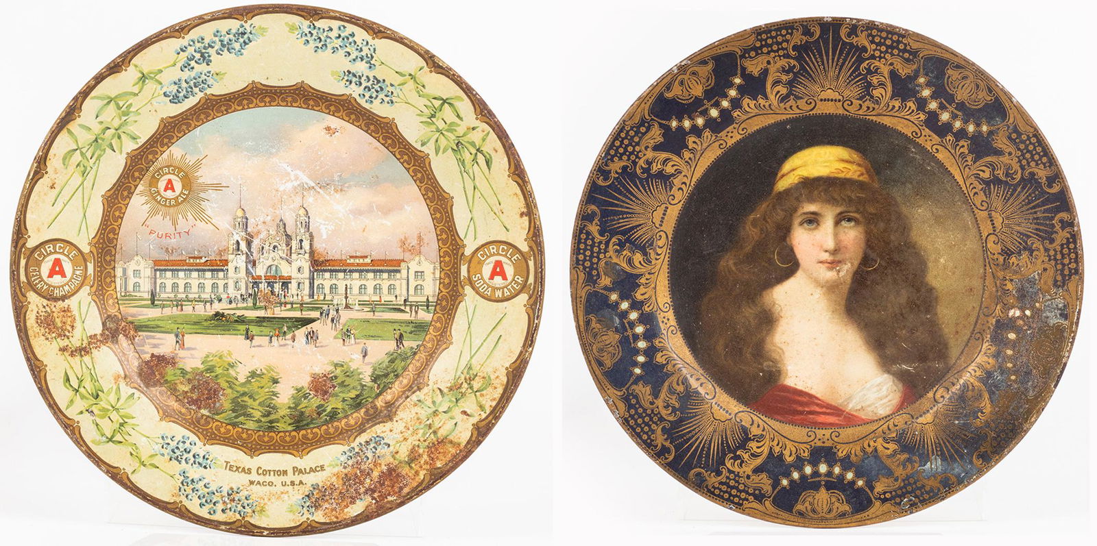 Two Scarce Collectible Tin Plates: Waco Texas, Circle A: Two Scarce Collectible Tin Plates: Waco Texas, Circle A Soda Water & Dr. Pepper plus 1905 Vienna Art Plate. Two early 20th Century tin trays, popular with vintage antique beverage collectors and both