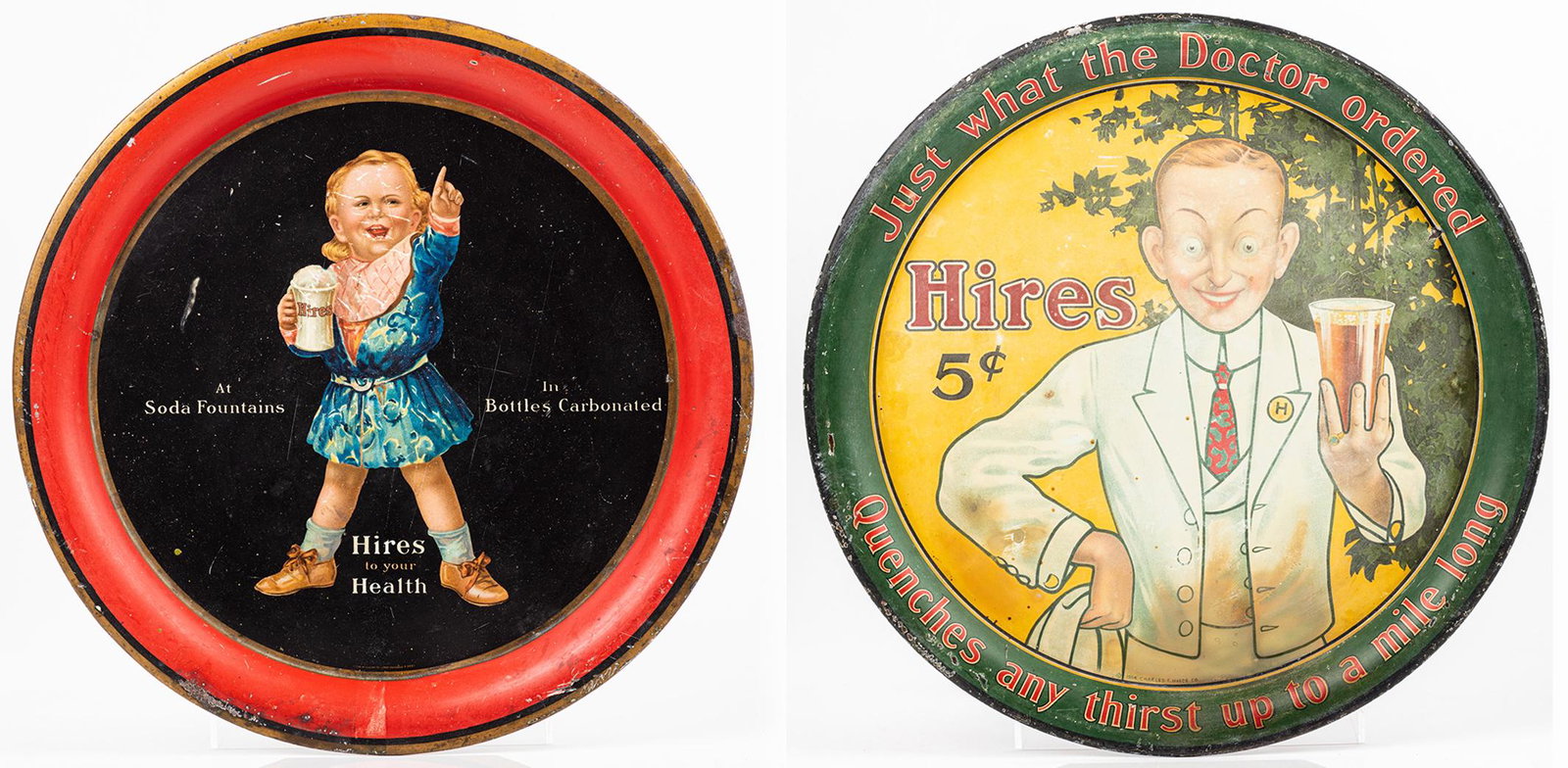 Two (2) Hires Root Beer Round Serving Trays, Early 20th: Two (2) Hires Root Beer Round Serving Trays, Early 20th Century; "Hires To Your Health" & "Josh Slinger". Two large Hires Root Beer serving trays 1.) "Hires To Your Health" boy in blue tin serving tra