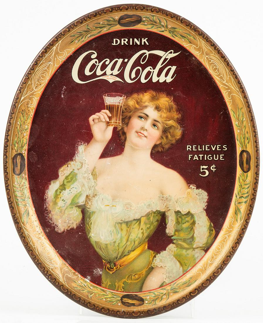 Coca-Cola Tray: Rare Relieves Fatigue Large Oval, 1907: Coca-Cola Tray: Rare "Relieves Fatigue" Large Oval, 1907 Serving Tray in Fine Condition. Wonderful large oval Coca-Cola serving tray manufactured by Charles Shonk Co., boasting a painting copyrighted 