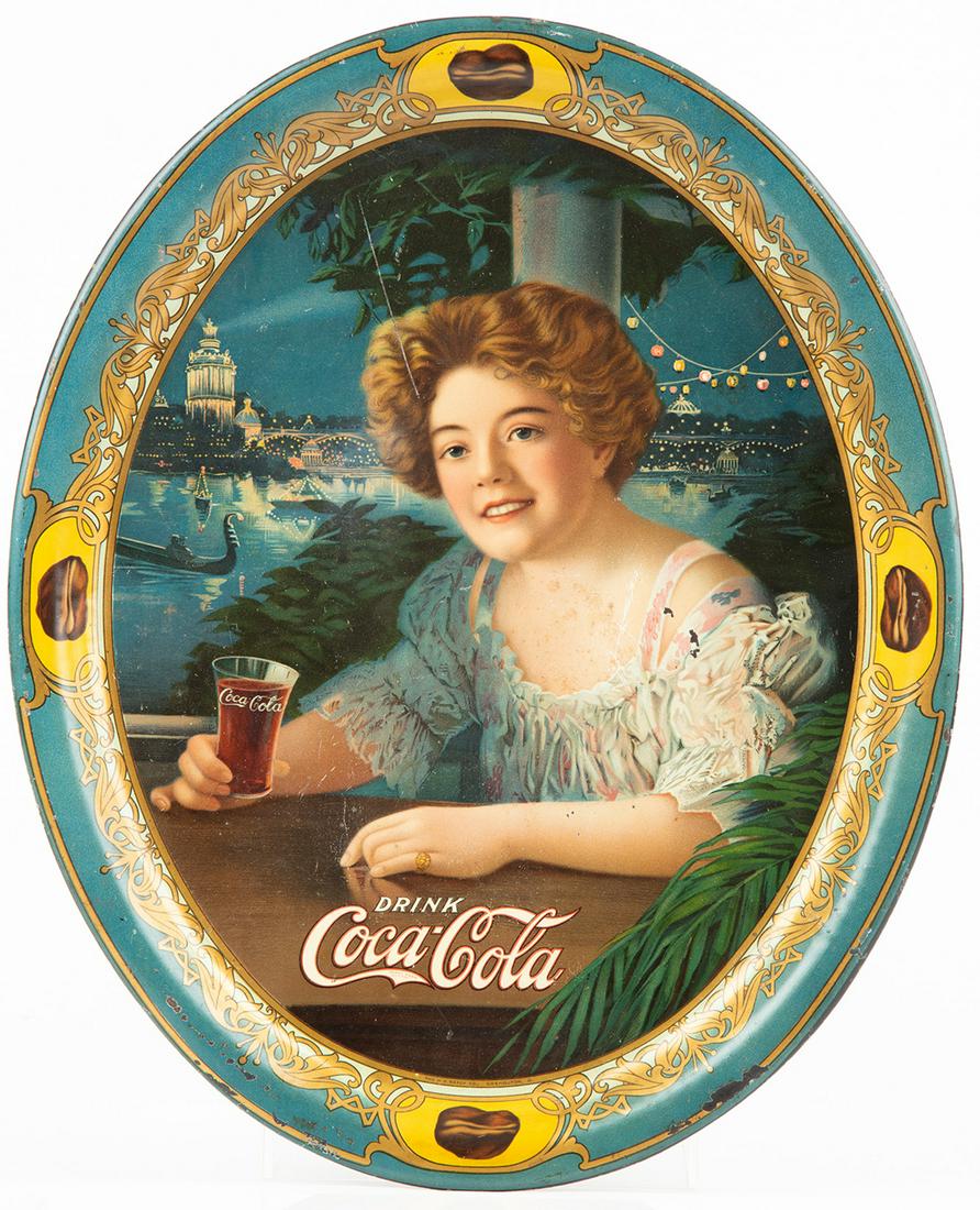 Coca-Cola: Rare, Antique Exhibition Girl Large Oval: Coca-Cola: Rare, Antique "Exhibition Girl" Large Oval Serving Tray from 1909. Large oval "Exhibition Girl" serving tray manufactured by the H.D. Beech Company in 1909. This is the 16¾ x 13&frac