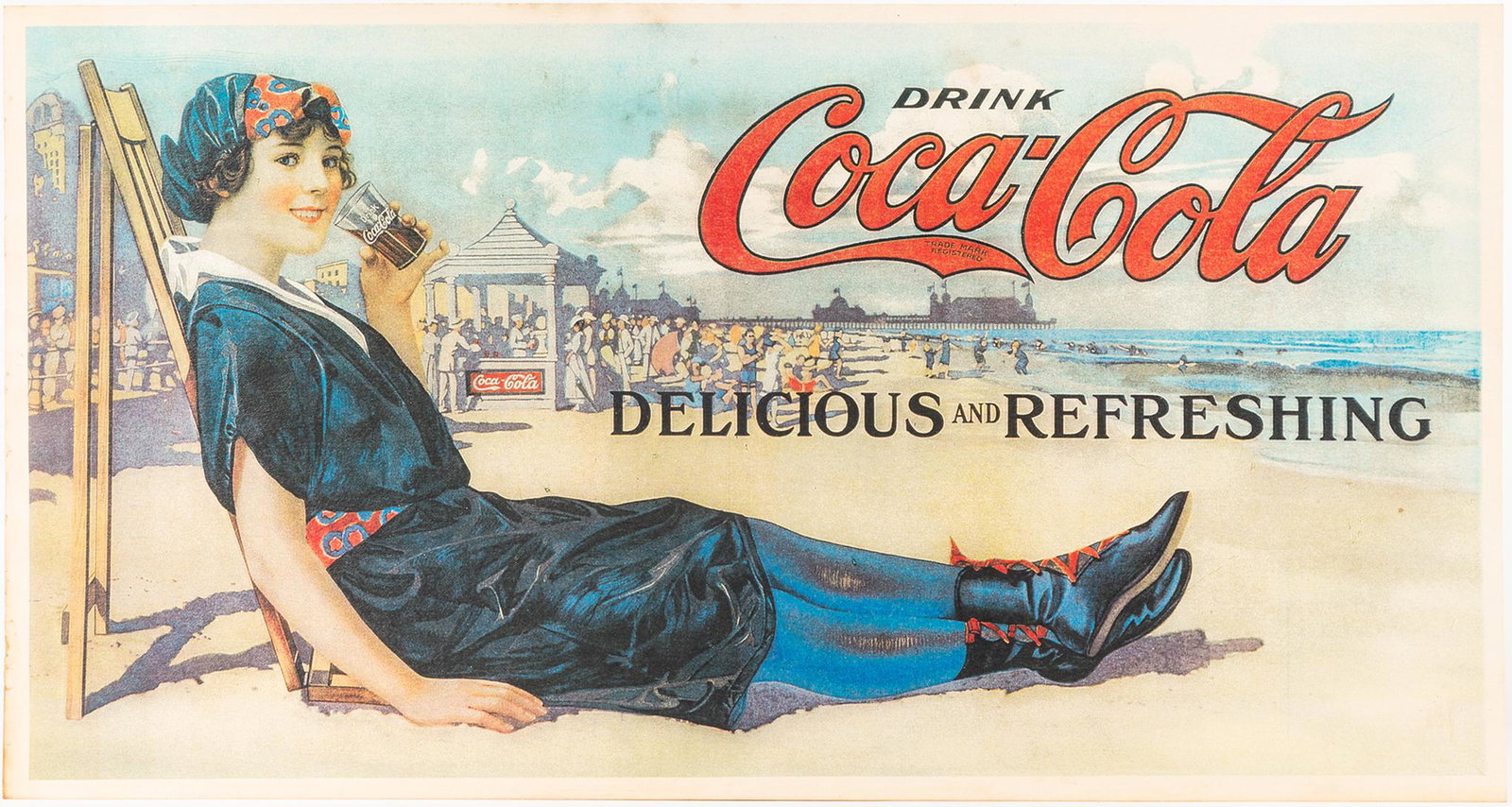 Coca-Cola: Rare, Early 20th Century Paper Sign of Woman: Coca-Cola: Rare, Early 20th Century Paper Sign of "Woman On The Beach". An unusual and likely rare Coca-Cola paper sign. A woman on the beach, clearly from the early 20th Century given that virtually 