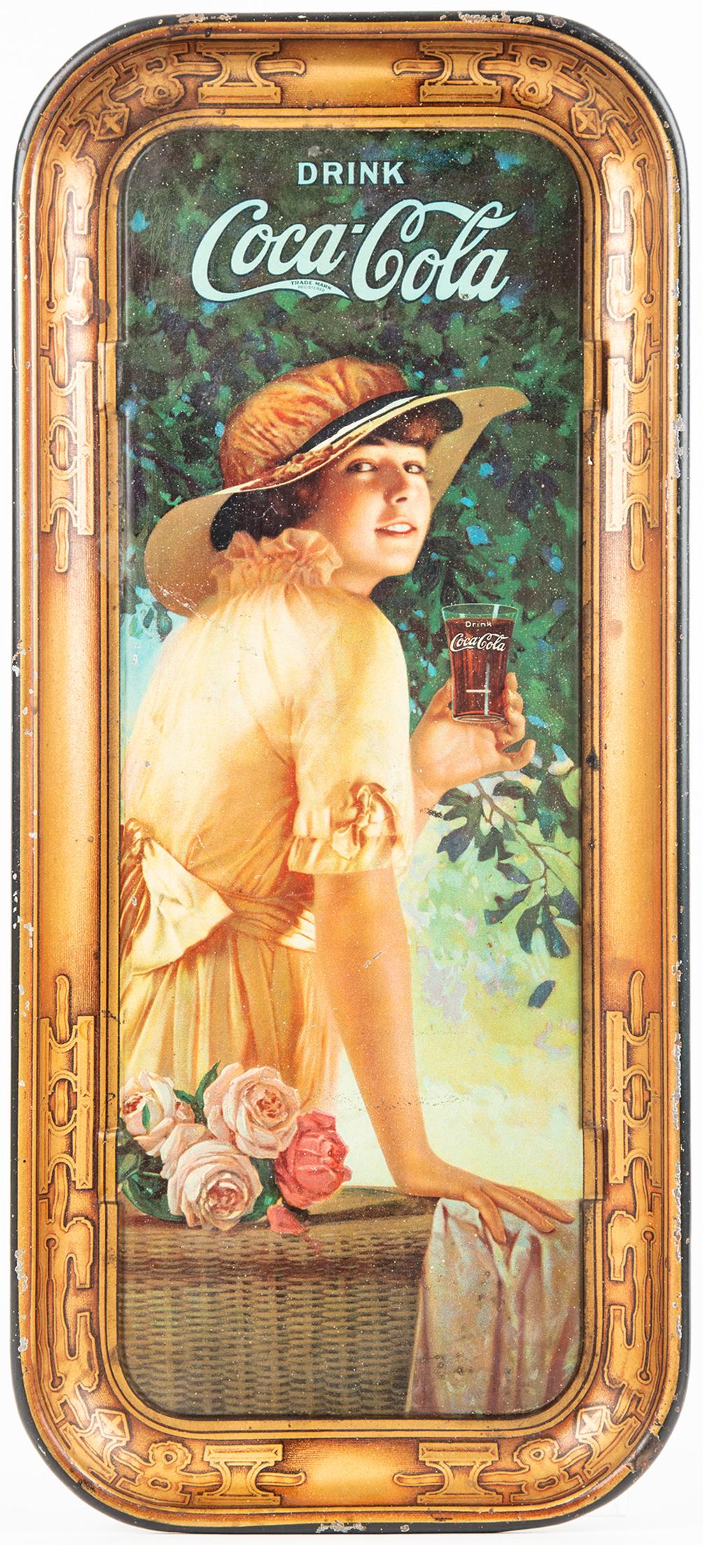 Coca-Cola Serving Tray: Elaine Long Rectangular Tray,: Coca-Cola Serving Tray: "Elaine" Long Rectangular Tray, 1916, Fine. Vintage original Coca-Cola serving tray issued in 1916 and referenced by collectors as "Elaine". Unusual and desirable in that it is