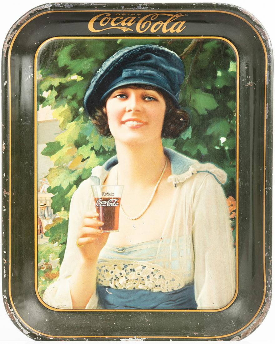 Coca-Cola Autumn Girl, Lovely Antique Rectangular: Coca-Cola "Autumn Girl", Lovely Antique Rectangular Serving Tray ca. 1922. One of the six beauties featured on Coca-Cola trays from 1920-1925 with this model referenced as "Autumn Girl" or also, "Navy