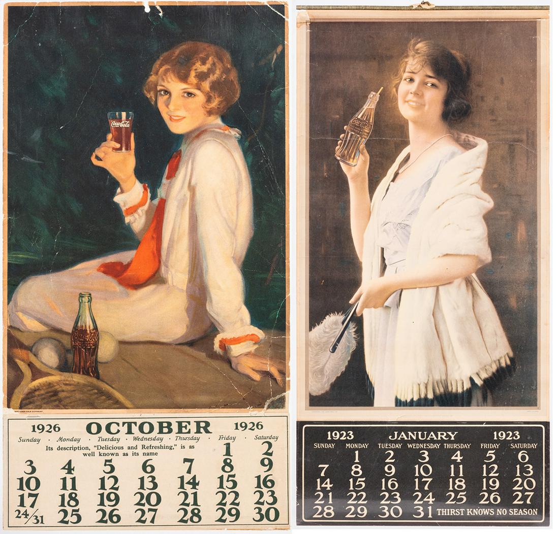 Coca-Cola Calendars: Two Examples from the 1920s,: Coca-Cola Calendars: Two Examples from the 1920s, "Flapper Girl" and "Girl With Tennis Racquet" 1923 and 1926. The first known Coca-Cola calendar was issued by the company in 1891. But by the first de