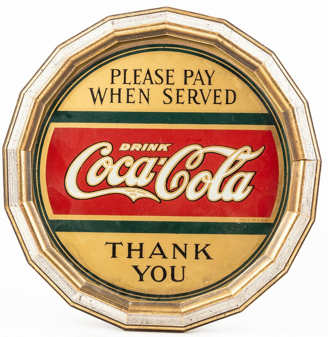 Coca-Cola: Reverse Glass Painted Tray, Please Pay When: Coca-Cola: Reverse Glass Painted Tray, "Please Pay When Served" from 1927. Reverse glass painted tray from 1927. A handsome sign which asks "Please Pay When Served, Thank You." Piece is in good condit