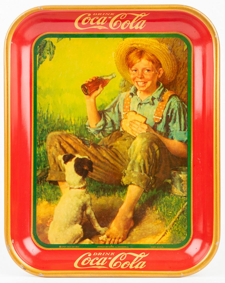 Coca-Cola Serving Tray: Barefoot Boy, Antique Original: Coca-Cola Serving Tray: "Barefoot Boy", Antique Original by Norman Rockwell, Issued 1931, Excellent Condition. Original 1931 rectangular Coca-Cola serving tray entitled "Barefoot Boy" or "Boy with Dog