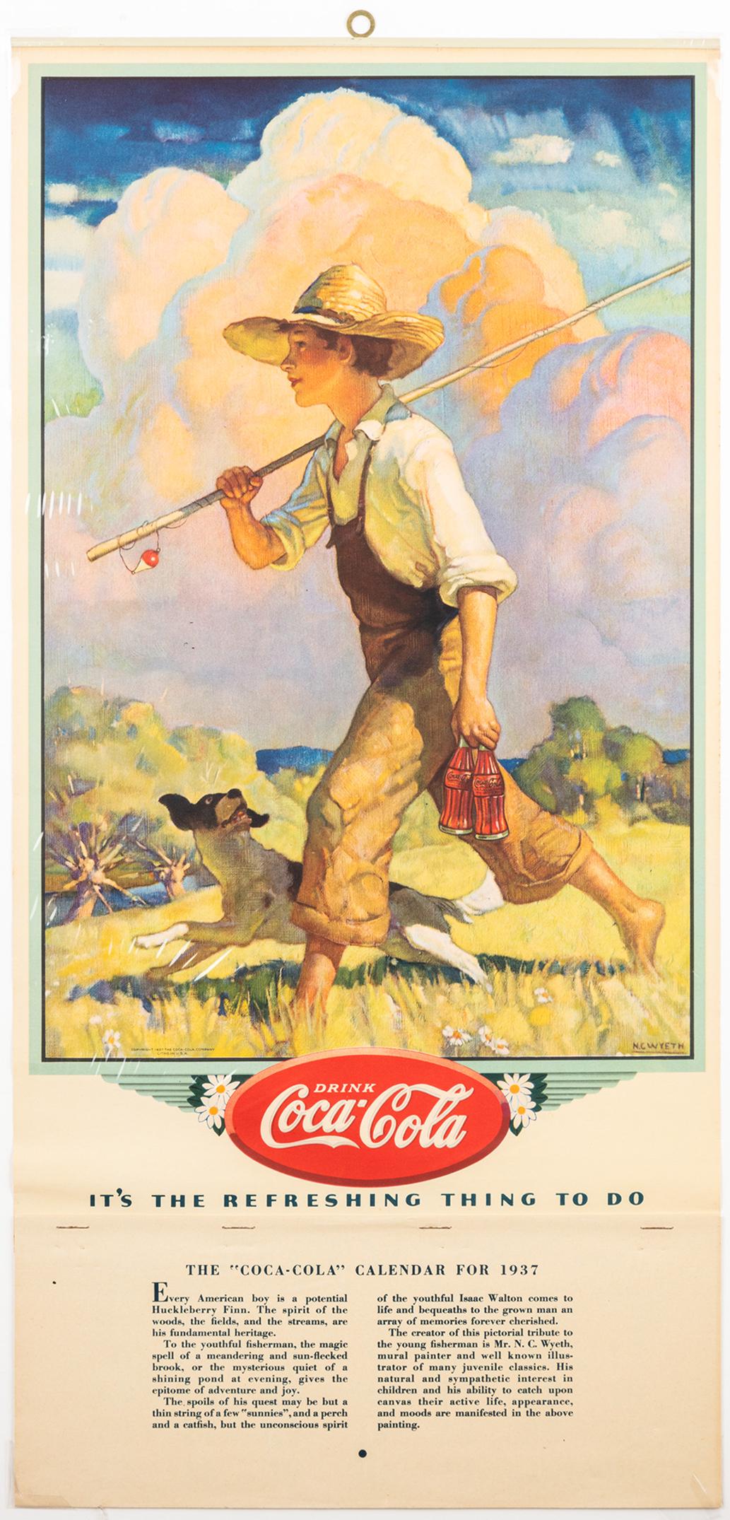 Coca-Cola 1937 Calendar The Fishing Hole by N.C. Wyeth: Coca-Cola 1937 Calendar "The Fishing Hole" by N.C. Wyeth in Excellent Condition. The first known Coca-Cola calendar was issued by the company in 1891, but by the first decade of the 20th Century, the 