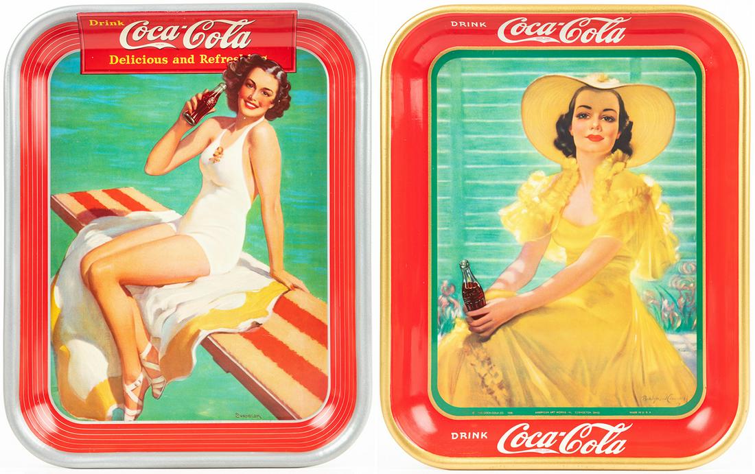 Coca-Cola: Two (2) Near Mint, Late 1930s Serving: Coca-Cola: Two (2) Near Mint, Late 1930s Serving Trays,"Girl in Yellow Hat" and "Springboard Girl". Two (2) Coca-Cola trays from the 1930s both 13¼ x 10½" and manufactured by American Ar