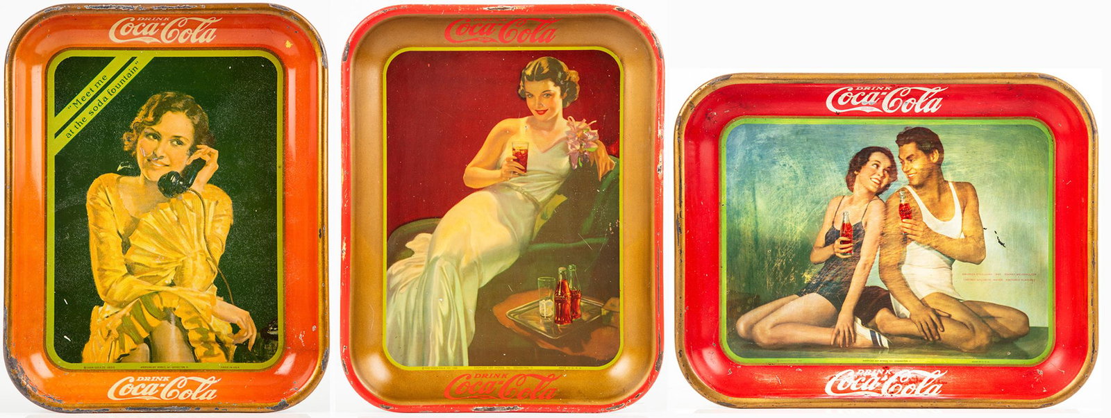 Coca-Cola: Three (3) Serving Trays, 1930, 1934 and 1936: Coca-Cola: Three (3) Serving Trays, 1930, 1934 and 1936. Three (3) Coca-Cola serving trays from the 1930s manufactured by American Artworks in Coshocton, Ohio and all 13¼ x 10½". 1.) Tra