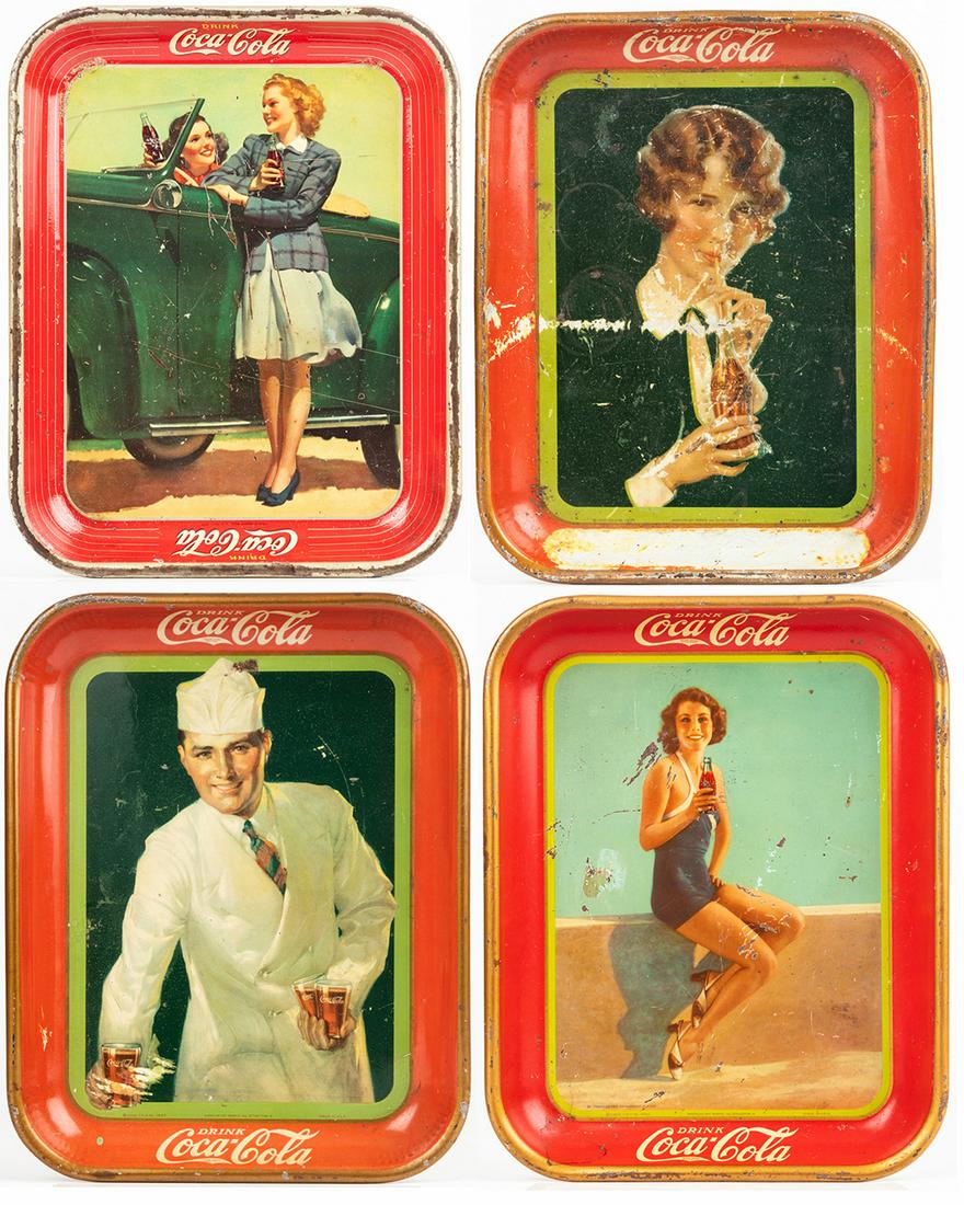 Coca-Cola: Four (4) Vintage Original Serving Trays, Two: Coca-Cola: Four (4) Vintage Original Serving Trays, Two From 1927, 1933 and 1942. Four vintage original Coca-Cola serving trays in poor to good condition 10½ x 13¼" 1.) From 1927 "Soda J