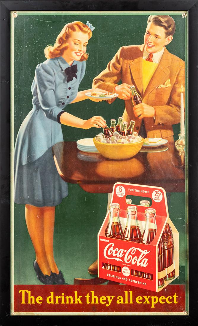 Coca-Cola 1942 Cardboard Advertisement The Drink They: Coca-Cola 1942 Cardboard Advertisement "The Drink They All Expect". Vintage original cardboard advertisement of wholesome young adult couple at a party, each about to enjoy an ice cold bottle of Coca-