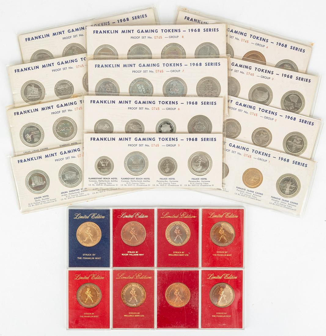 Complete Set of 8 Michigan Tool (MTE) Gaming Tokens: Complete Set of 8 Michigan Tool (MTE) Gaming Tokens from 1965 (Thunderbird Hotel "No Birds" Token) + 1968 Set 48 Franklin Mint Tokens. 1.) Michigan Tool & Engineering was one of a handful of businesse