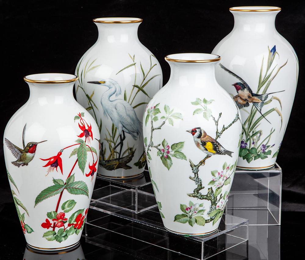 Four (4) Basil Ede Porcelain Vases Issued in the 1980s:: Four (4) Basil Ede Porcelain Vases Issued in the 1980s: Woodland Bird, Meadowland Bird, Marshland Bird, and Garden Bird. Four Basil Ede porcelain vases created in limited numbers for the Franklin Mint