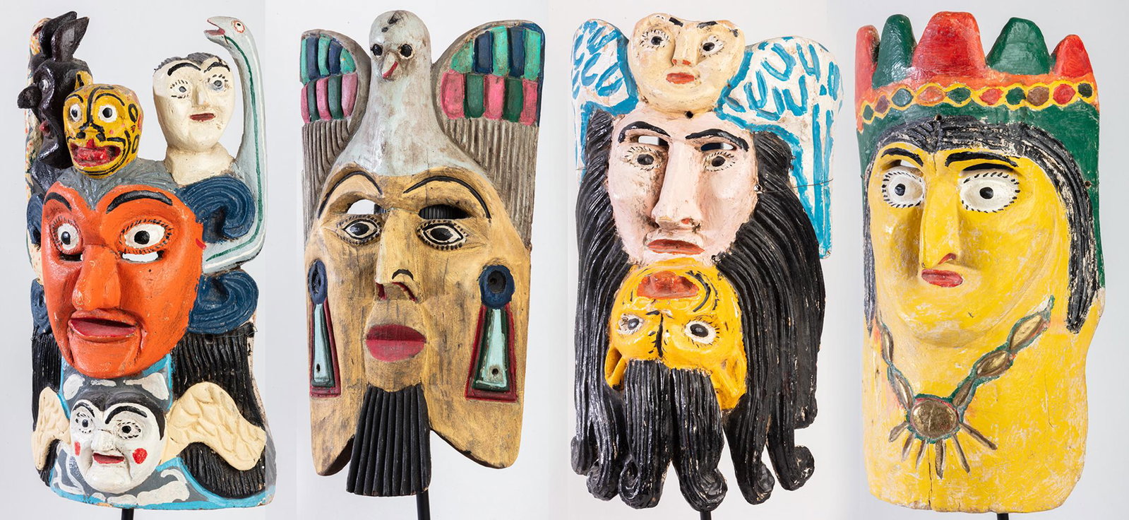 Three (3) Polychrome Carved Wood Festival Masks from: Three (3) Polychrome Carved Wood Festival Masks from Guerrero, Mexico, Mid 20th Century. Three (3) carved festival masks from the State of Guerrero, mid 20th Century in traditional designs. 1.) Mask w