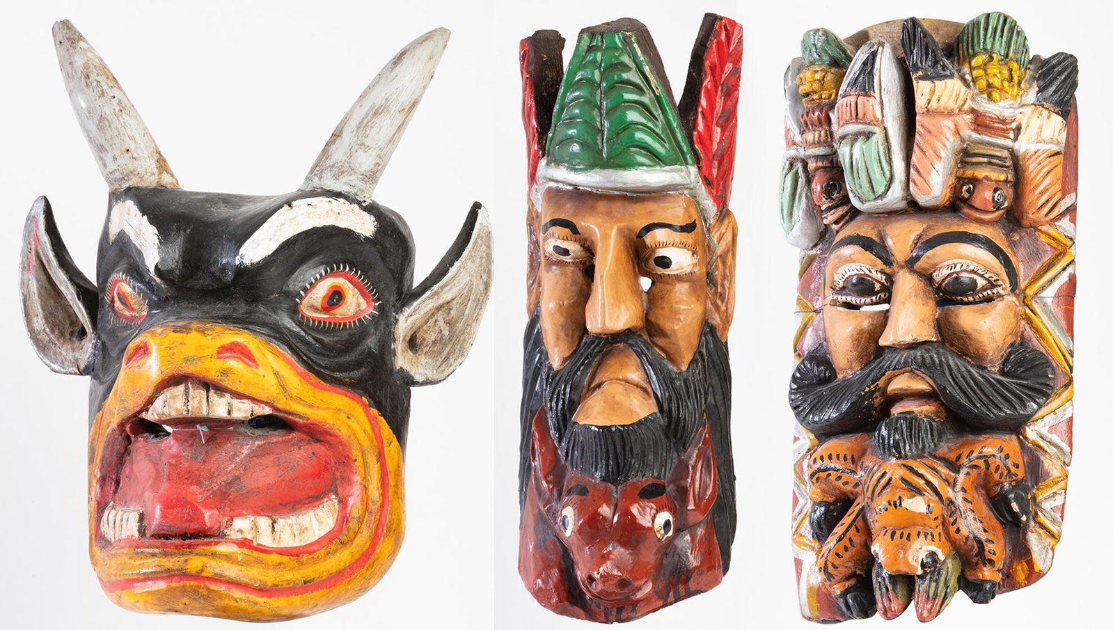 Three (3) Polychrome Carved Wood Festival Masks from: Three (3) Polychrome Carved Wood Festival Masks from Guerrero, Mexico, Mid 20th Century, One Especially Unique. Three (3) carved festival masks from the State of Guerrero, mid 20th Century in traditio