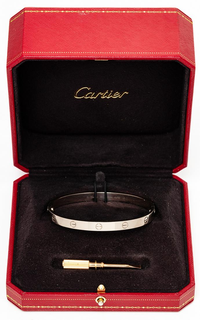 Ladies Cartier Love Bracelet, New Screw System, in 18K: Ladies Cartier Love Bracelet, New Screw System, in 18K White Gold. With Original Presentation Box and Screwdriver. Immensely popular Cartier Love Bracelet in 18K White Gold. Bracelet is a size 20 and 