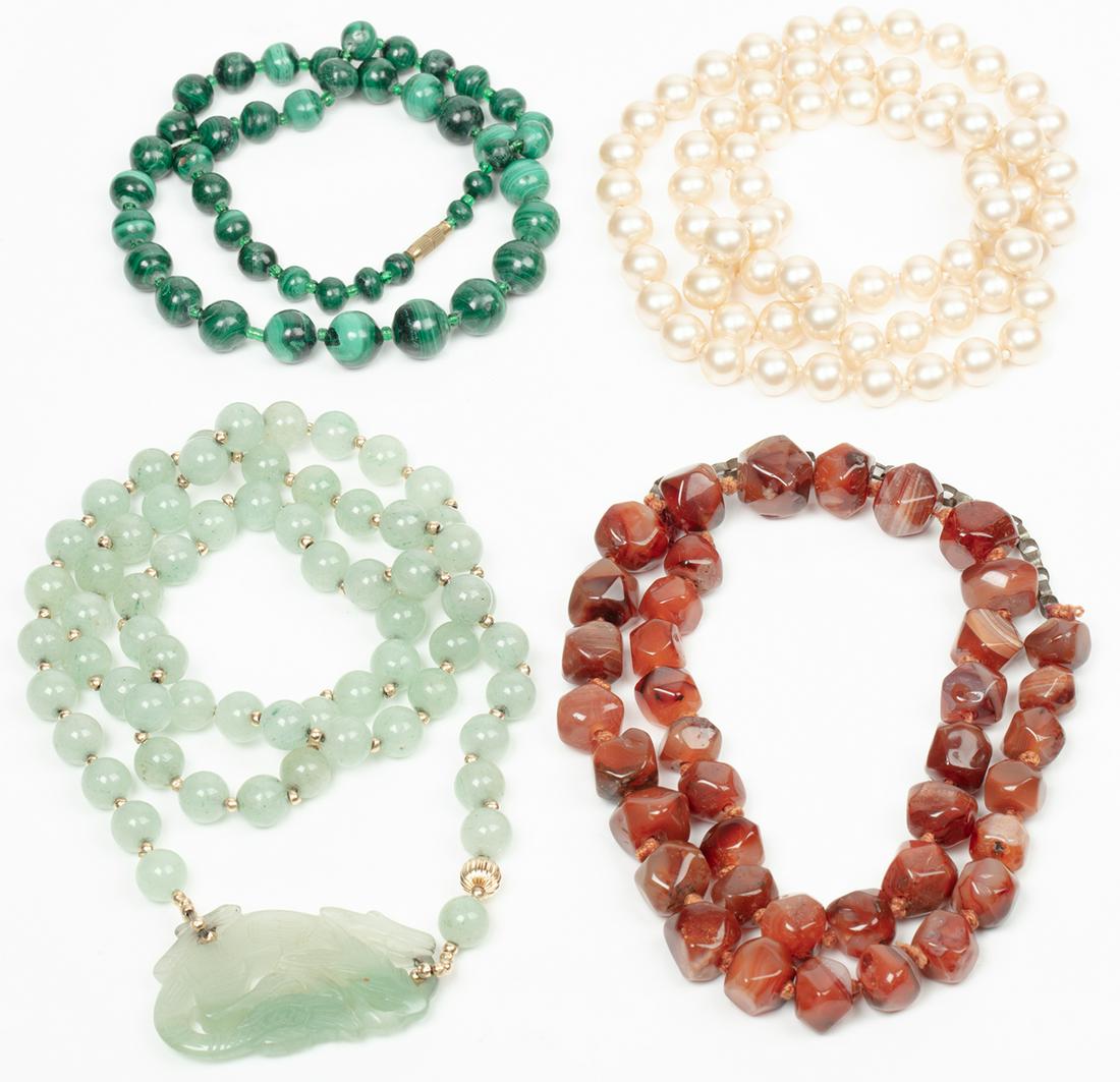 Ladies Four Casual Necklaces: Jade, Malachite, Agate: Ladies Four Casual Necklaces: Jade, Malachite, Agate and Faux Pearls. Four casual necklaces for the lady: 1.) Best is a lovely highly polished light green jade bead necklace 32" in length that appears