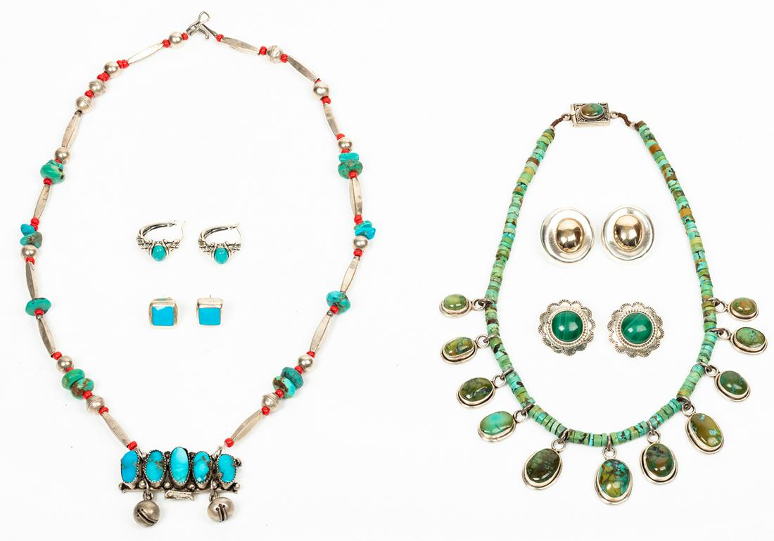 Native American Sterling Silver, Turquoise and Coral: Native American Sterling Silver, Turquoise and Coral Jewelry: Four Pairs of Beautiful Earrings, Four Fine Necklaces. Fine collection of Native American jewelry, sterling silver, turquoise, coral and b