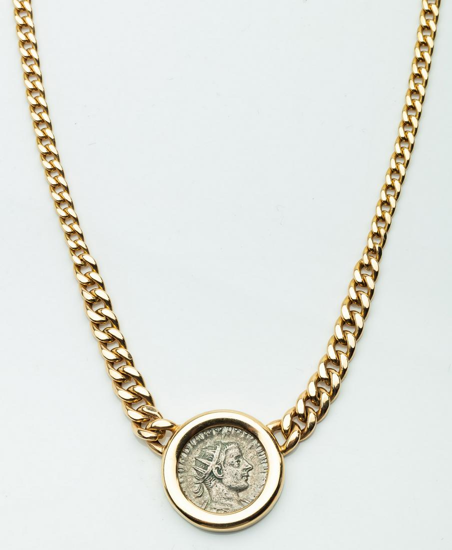 14K Yellow Gold Link Necklace with Silver Roman Coin;: 14K Yellow Gold Link Necklace with Silver Roman Coin; Gordian III- Roman Emperor, 238-244 A.D. 15" 14k yellow gold link necklace centered with an authentic silver Roman coin; Gordian III - Roman Emper