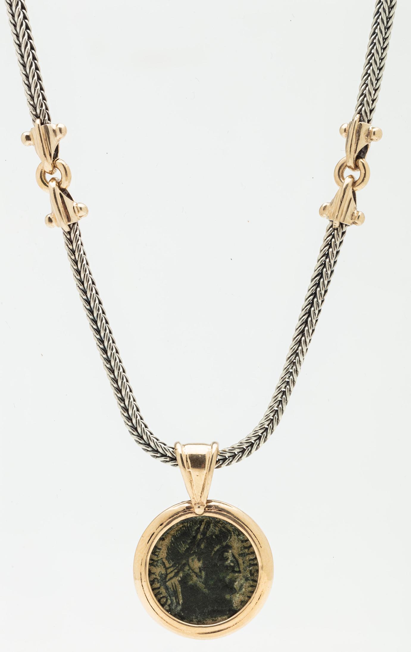 Authentic Roman Coin Necklace of Constantine the Great: Authentic Roman Coin Necklace of Constantine the Great in Custom 14K Yellow Gold Bezel Together with Sterling Silver & 14K Gold Rope Chain. Fine striking Roman coin necklace of Constantine The Great, 
