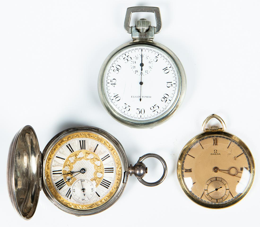 A trio of Antique Pocket Watches: A trio of Antique Pocket Watches. This lot consists of: 1. Elgin Timer open face silver 'Railroad' watch Size 50 mm. White dial with arabic numerals and subsidiary minute dial. Star Watch Co. case ins