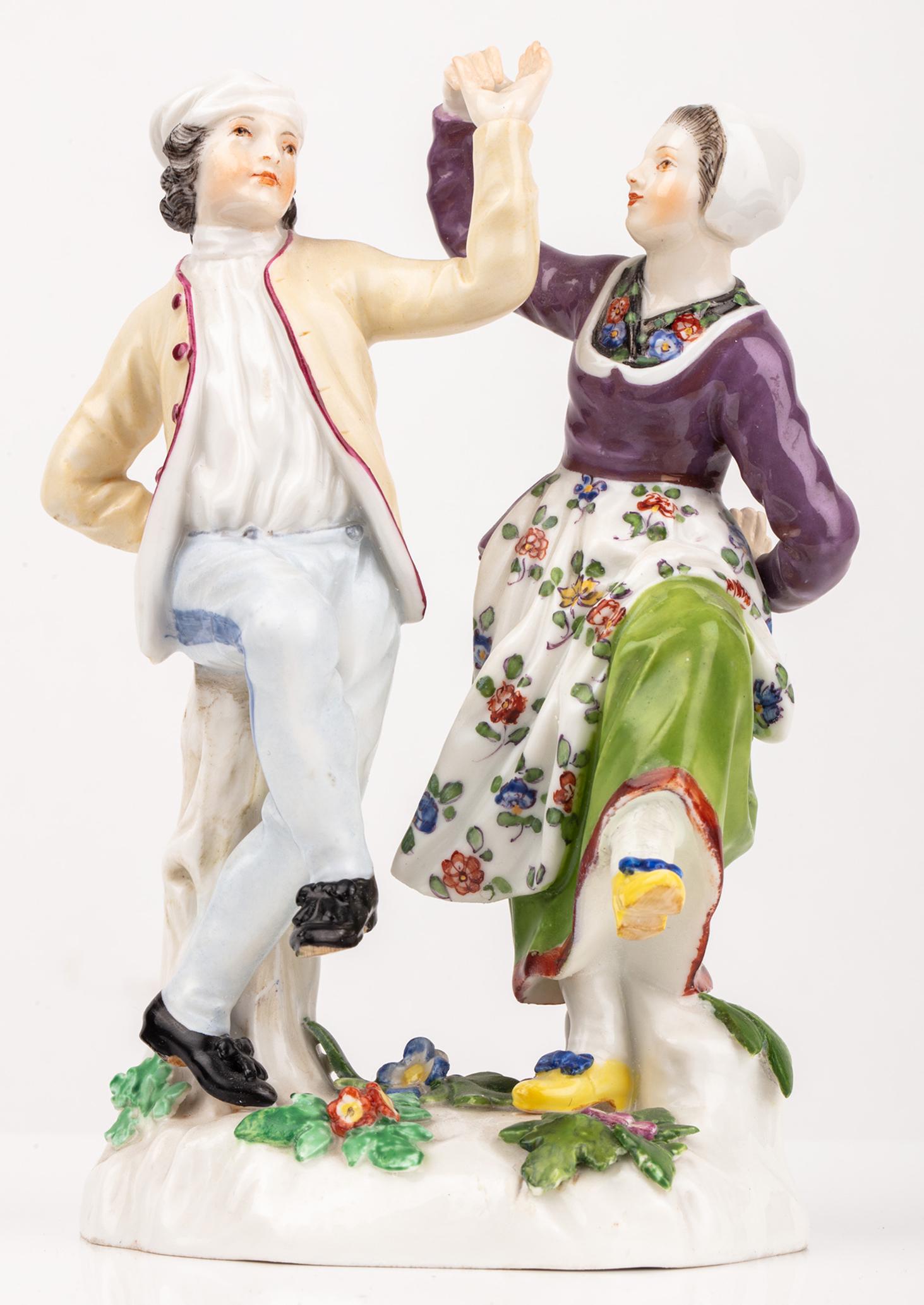 Meissen Porcelain: Couple Dancing, 20th Century,: Meissen Porcelain: "Couple Dancing", 20th Century, Beautiful Condition. German, 20th century. A finely modeled, polychrome and gilded enameled porcelain figures of a couple in late 18th Century dress,
