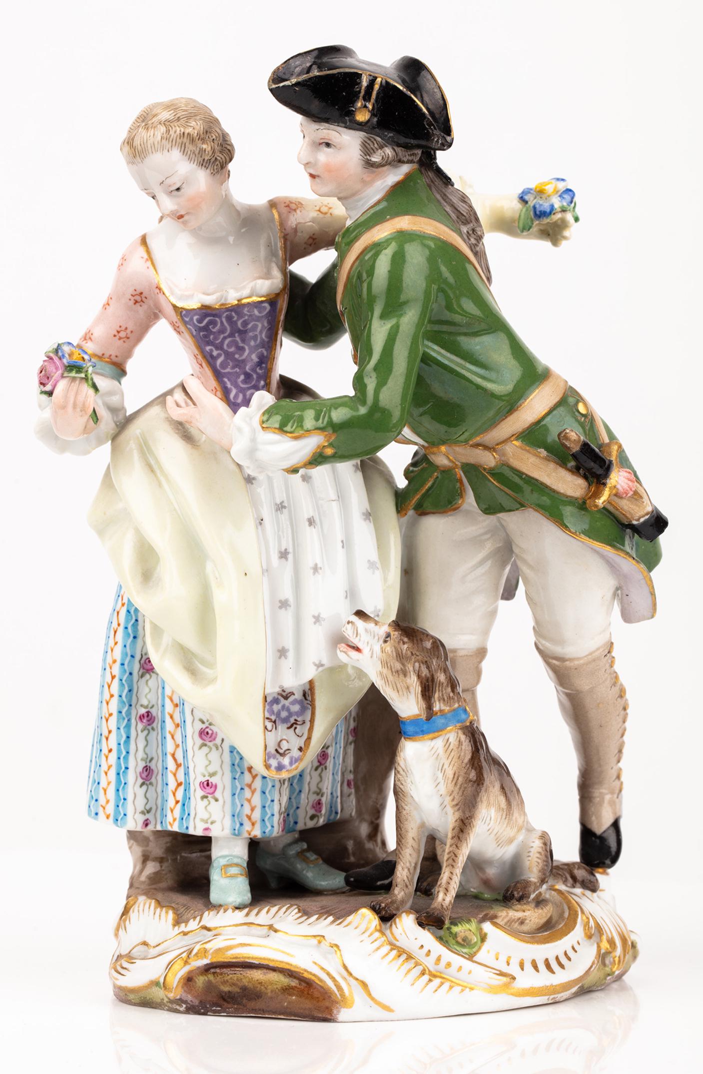 Meissen Porcelain: Couple Courting with Doggies: Meissen Porcelain: "Couple Courting with Doggies Approval" Late 19th Early 20th Century. Exceptional, finely modeled Meissen porcelain figure of a couple courting, he a soldier leaning in, her enjoyin