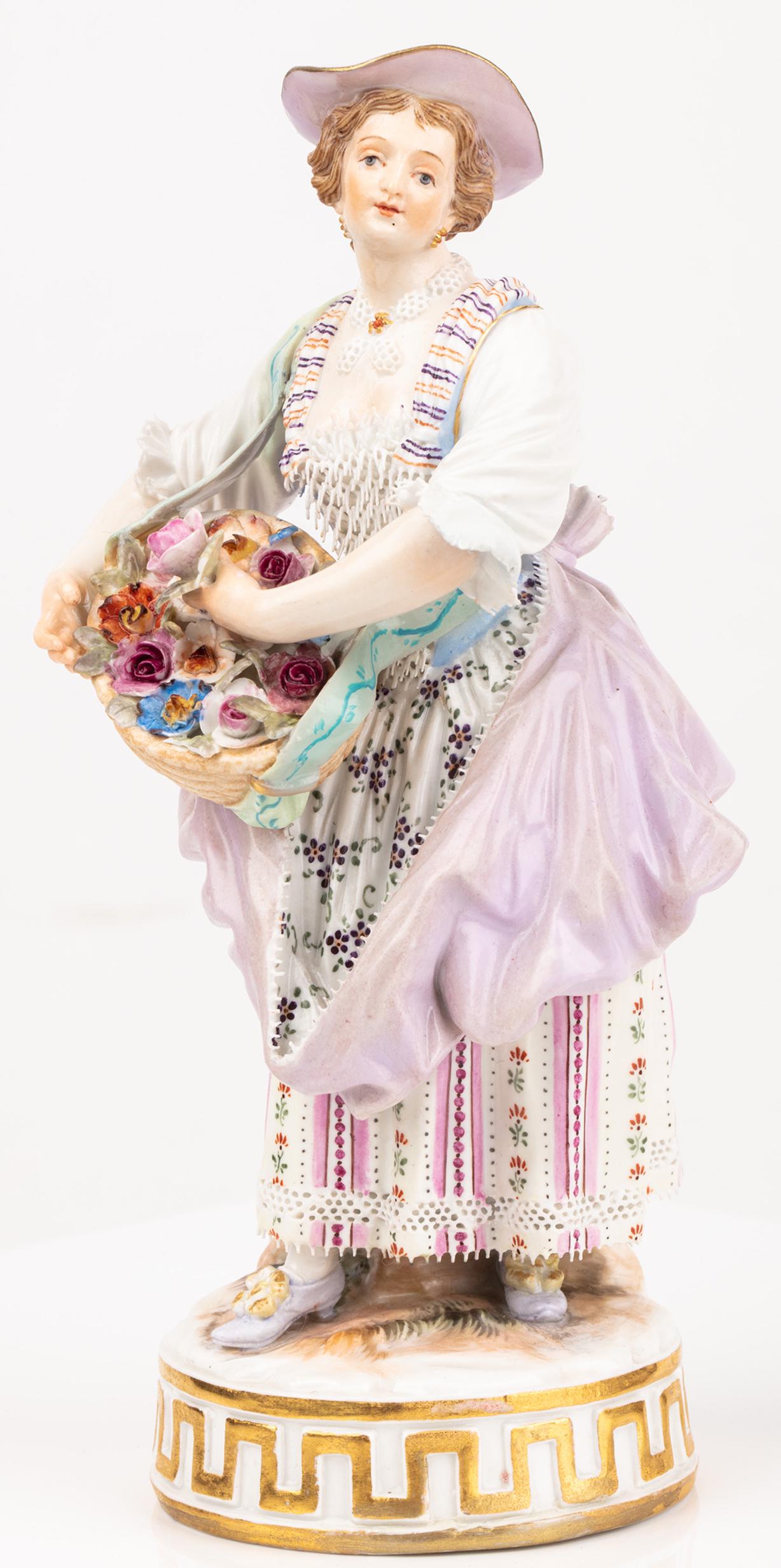 Meissen Porcelain: Early 20th Century Woman Selling: Meissen Porcelain: Early 20th Century Woman Selling Flowers, Outstanding Condition. Absolutely lovely Meissen porcelain figure of a lady selling flowers. This is a remarkable piece given the detail in