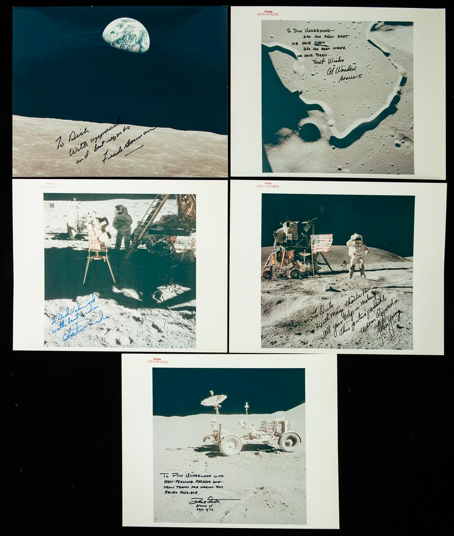 Apollo 15 and 16: 5 Inscribed and Signed Photos to Dick: Apollo 15 and 16: 5 Inscribed and Signed Photos to Dick Underwood, Worden, Scott, Young and Duke. (Three Moonwalkers) + Frank Borman A-8 (1927-2011) Richard "Dick" Underwood was chief engineer on the 