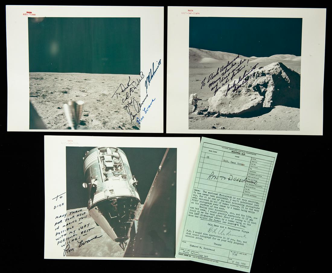 Apollo 17: Collection of 3 Crew Signed Photos Also: Apollo 17: Collection of 3 Crew Signed Photos Also Including a Remarkable Note to Gene Cernan Prior To Flight (1927-2011) Richard "Dick" Underwood was chief engineer on the production of the first top