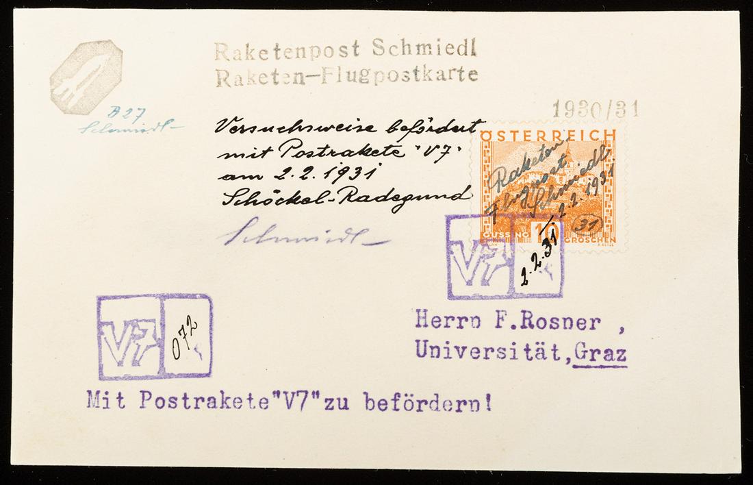 Austria, February 2, 1931 Schoekel Mt. Rocket V7 Flown: Austria, February 2, 1931 Schoekel Mt. Rocket V7 Flown White Card, E-Z 8C1c, Rare. Card franked with 10gr brown definitive with inscription reading 'Raketen Flugpost/Schmiedl/2. 2. 1931' and numbered 