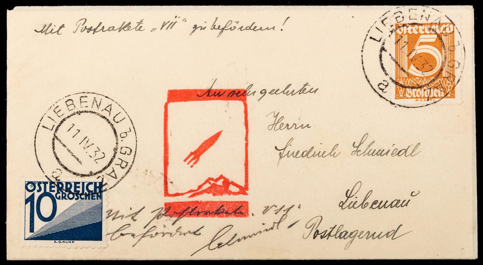 Austria, April 11, 1932 Berndorf Rocket Flown Cover,: Austria, April 11, 1932 Berndorf Rocket Flown Cover, E-Z 12C1a, Only 14 Flown. Cover franked with 5gr definitive and 10gr postage due tied by Lubenau-Graz cancels, red rectangular rocket cachet on fro