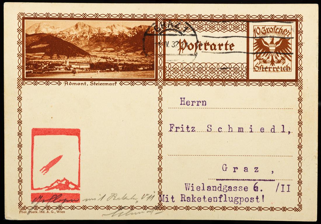 Austria, April 11, 1932 Berndorf Rocket Mail Cards: Austria, April 11, 1932 Berndorf Rocket Mail Cards (x2), E-Z 12C1c. Two different cards, both posted in Graz, both signed Schmiedl on both sides, very fine. From The Celebrated Collection of Alden T. 