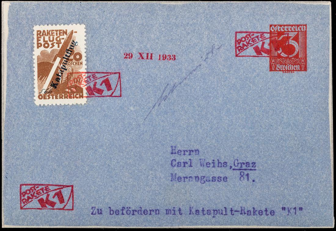 Austria, Dec. 29, 1933 Lake Strausee Rocket Mail 3g: Austria, Dec. 29, 1933 Lake Strausee Rocket Mail 3g entire, E-Z 23C1e. Only 2 flown according to E-Z catalog, fresh flimsy constructed from 3g entire, with 'Katapultflug' flight stamp tied by red K1 r