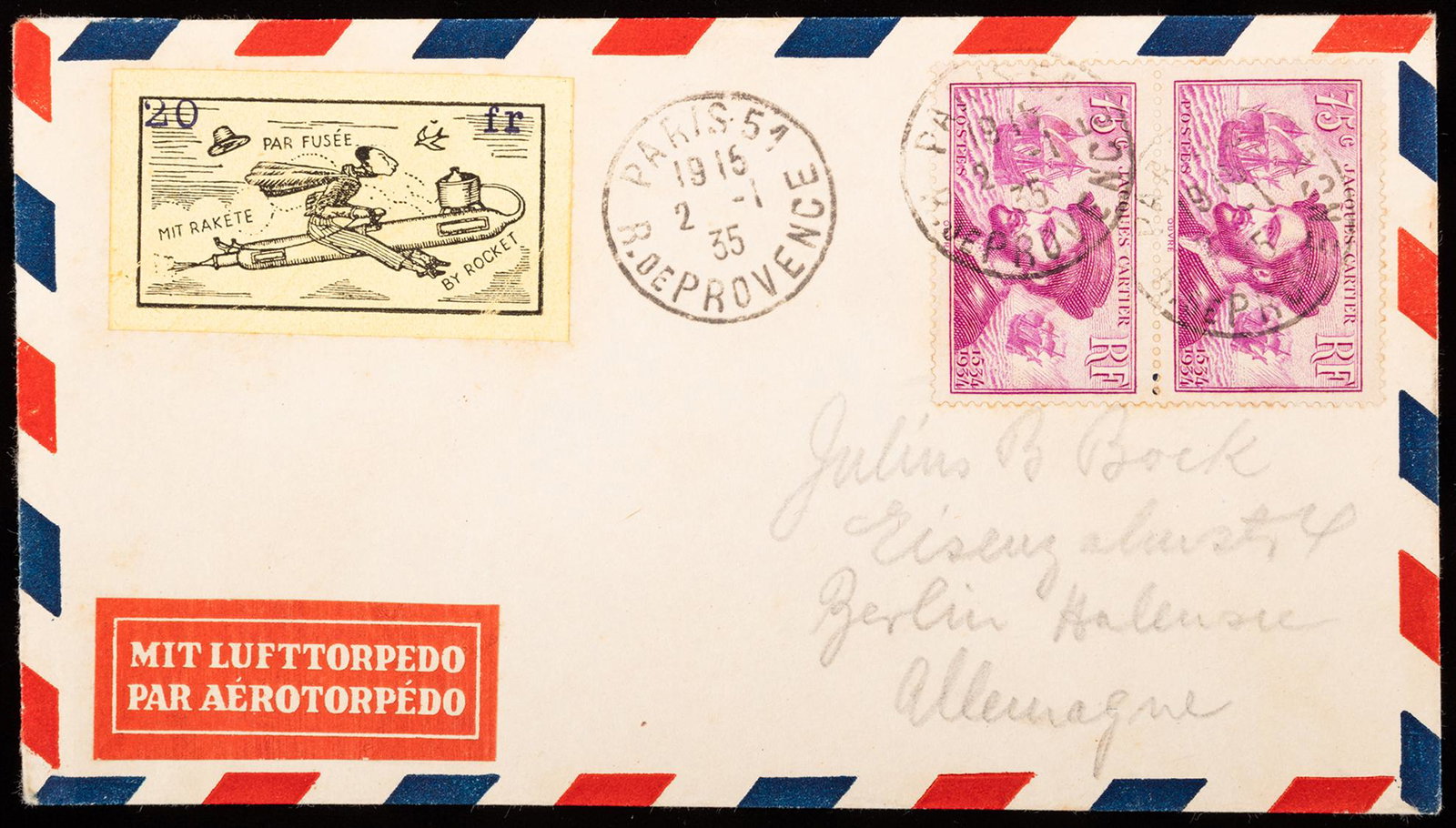 France, Jan. 2, 1935 Paris Rocket Mail Cover, E-Z 1C1,: France, Jan. 2, 1935 Paris Rocket Mail Cover, E-Z 1C1, Pictured in E-Z Catalog, Rare. Number carried unknown, Perron is the experimenter, bears E-Z 1A1 as franking along with additional French frankin