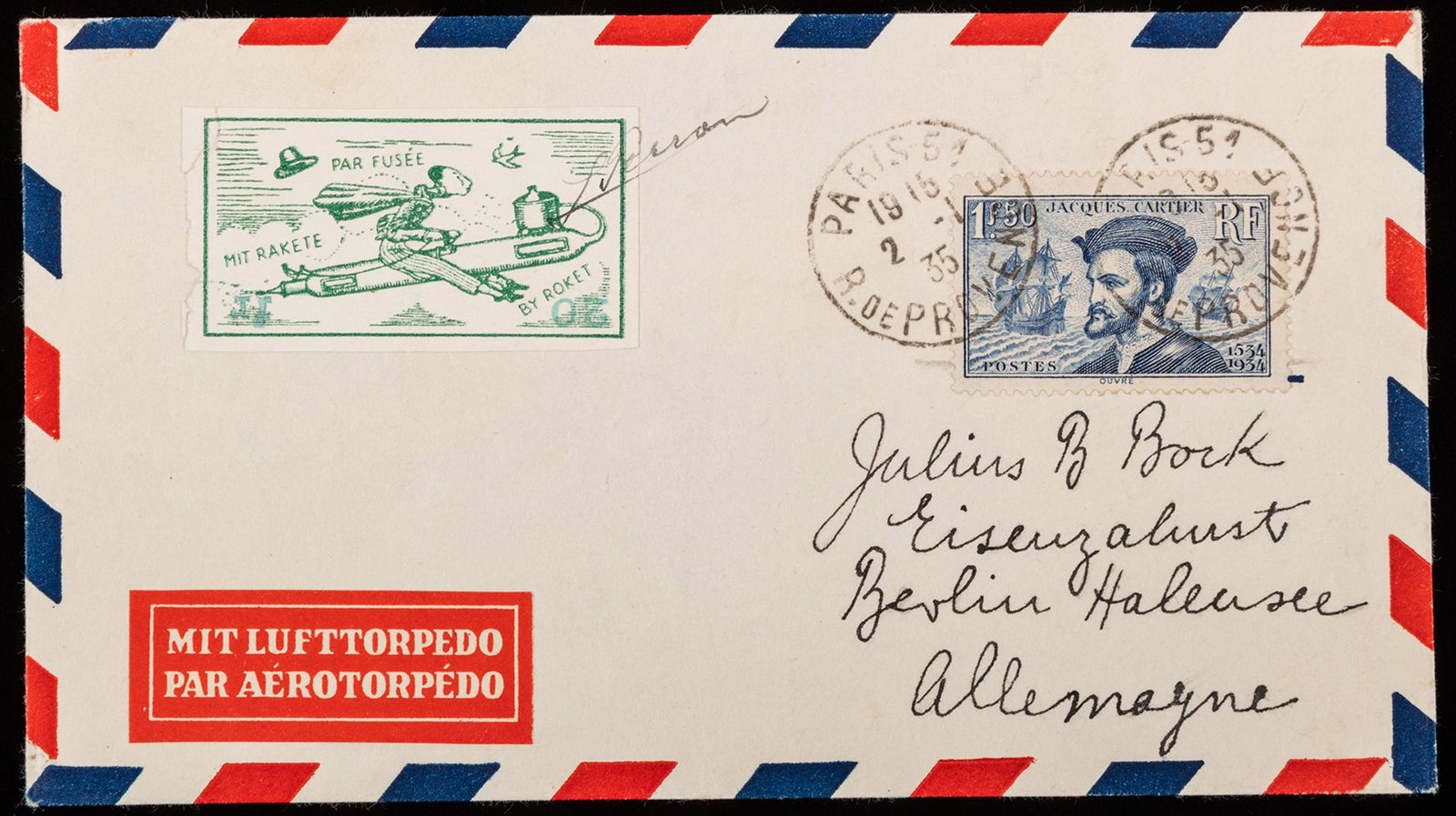 France, Jan. 2, 1935 Paris Rocket Mail Cover, E-Z 1C1b,: France, Jan. 2, 1935 Paris Rocket Mail Cover, E-Z 1C1b, 'Roket' Error and with Inverted Overprint Extremely Rare. Number carried unknown, Perron is the experimenter, bears E-Z 1A1b, 'Roket' error with
